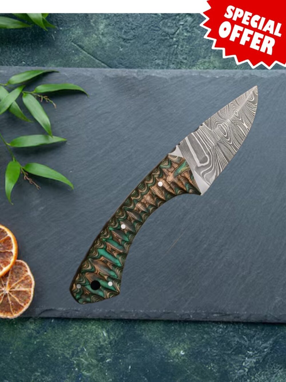 Hand-Forged Damascus Chef Knife - Artistic Green Wave Wood Handle & Sheath